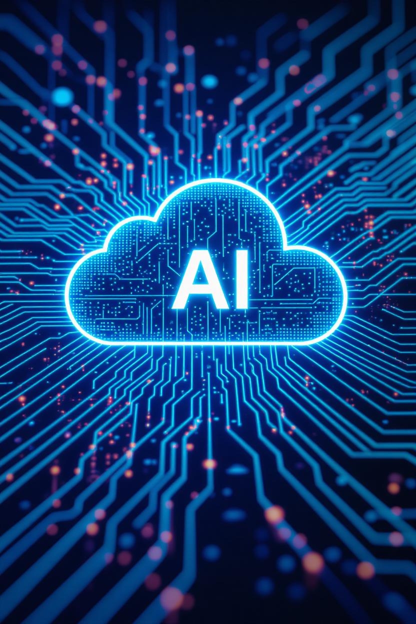 AI brain integrated with circuit patterns and tech icons against a cityscape background, symbolizing human-AI collaboration