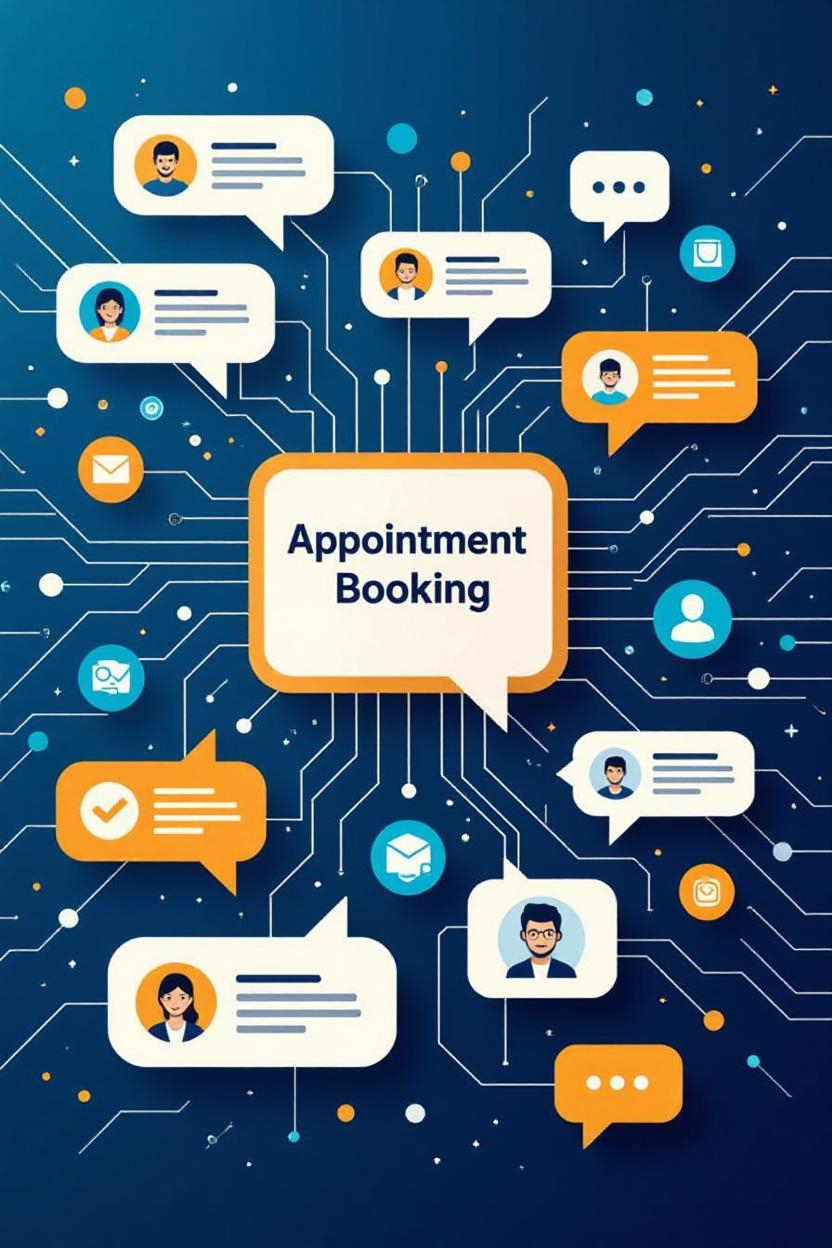 AI-powered phone interface showing call interactions with chat bubbles demonstrating appointment booking and customer service